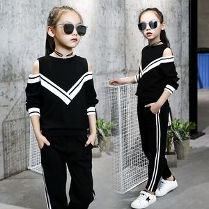 2024 Hot Fashion Big Girls Trajes deportivos fuera del hombro Conjunto de ropa en blanco y negro para adolescentes Otoño Chándal Niños Tallas grandes Ropa deportiva