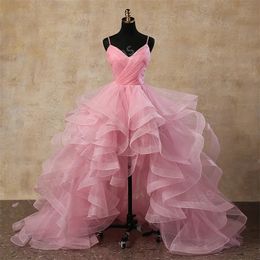 2024 Hot Fashion Pink Prom Pageant Jurk V-Neck High Low Lessed Short Front Long Back Ruffles Birthday Evening Party Jurken Robe de Soiree Vestidos de Gala