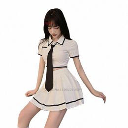 2024 Hot Girl JK Uniforme Diario Conjunto de dos piezas Japonés Coreano Colegio Traje de escuela Blusa + Cintura alta Falda de envoltura de cadera Conjunto F2YZ #