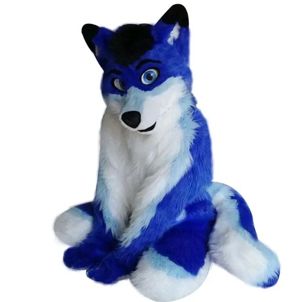 2024 Ventas calientes Halloween Blue Husky Fox Mascot Disfraz de adultos Tamaño de la fiesta de cumpleaños Tjuta al aire libre