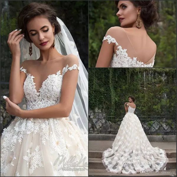 2024 Lace más sexy Vestidos de novia aplicados con 3D Vestido de bolas Vestidos de novia de los hombros Vestido de boda sin cuello sin cuello de joya transparente