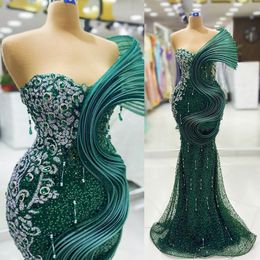 2024 Hunter Green Plus size prom -jurken voor speciale gelegenheden beleggen een schouder lovertjes lovertjes kanten kralen verjaardagsfeestje jurk tweede receptie jurken am884