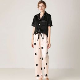 2024 Ice Silk Pyjama's, dames zijden set, polka dot korte mouwen lange broek, losse passende, high-end nieuwe thuiskleding set