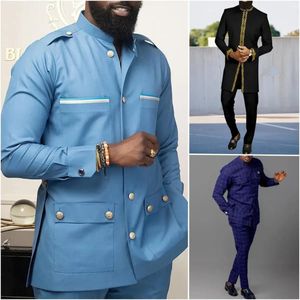 2024 In Afrikaanse mannen passen een massief kleuren knopjack en pakbroek 2 -delige set bruiloftsbedrijf Setting Men Sets 240419
