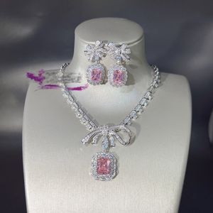 2024 Ins Top Verkoop Bruiloft Sieraden Sets Luxe Sieraden 925 Sterling Zilver Vulling Stralende Vorm Roze Topaas CZ Diamant Dangle Oorbellen Dames Hanger Ketting Open Ring