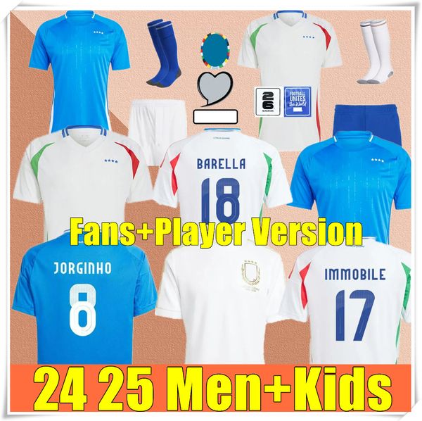 2024 Italys Jerseys de football Maglia Italia 2024 Euro Cup 2025 Équipe nationale Migle de football Men Kid Kit 125 ans Anniversaire Home Away Chiesa Barella Blue White