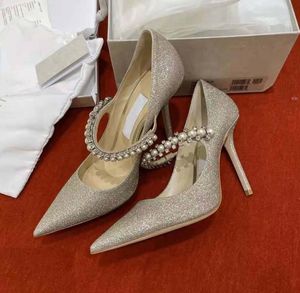 2024 Italie Londres Baily Pompes Glitter Femmes Sandales Chaussures Cristal Perle Sangle Robe De Mariée Parfaite Bout Pointu Talons Hauts Dame De Luxe EU35-42