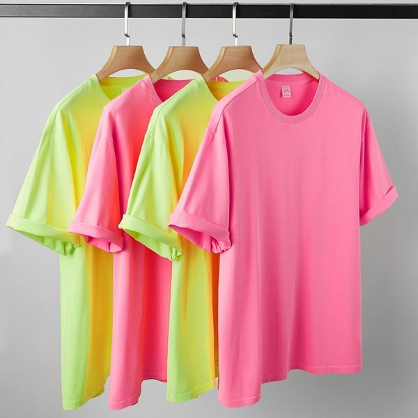 2024 Japonais fluorescéine rose T-shirt hommes femmes lavés en détresse à manches courtes fashion high street fluorescent t-shirts t-shirts d'été