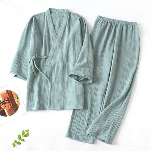 2024 Japanse Kimono Set 100% Katoenen Pyjama Tweedelige Paar Yukata Losse Heren En Dames Zweet Stoompak Thuisservice Set 240309