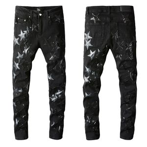 2024 Jeans pour hommes Guys Rip Slim Fit Skinny Pantalon Star Patchs Portant Biker Denim Cult Noir Stretch Moto Mâle Tendance Longue Fermeture À Glissière Droite avec