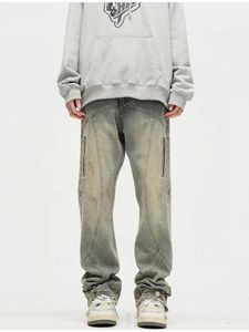 2024 Jeans gele modder ritssluiting High Street All Match Men and Women Euro -stijl gewassen jeans God brak gat