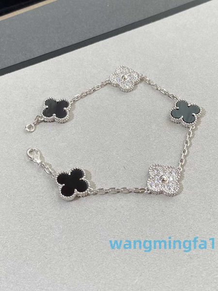 2024 Bijoux Designer Marque Vanl Cleefl Arpelsblack Agate Panda Quatre Feuilles Herbe Cinq Fleurs Bracelet Femme V Épais Plaqué Or 18 carats Diamant CNC