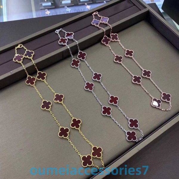 2024 Bijoux Designer Marque Vanl Cleefl v Golden Fan Quatre Feuilles Herbe Dix Collier De Fleurs Femmes Épais 18k Or Rose Naturel Rouge Calcédoine Agate