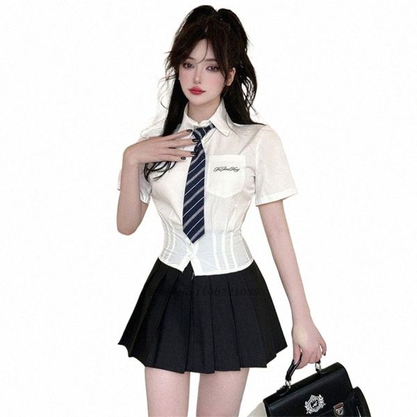 2024 JK Uniforme Hot Girl Slim Taille Chemise à manches courtes Femme Japonais College Style Étudiant Chemise blanche Jupe plissée Ensemble B4GE #