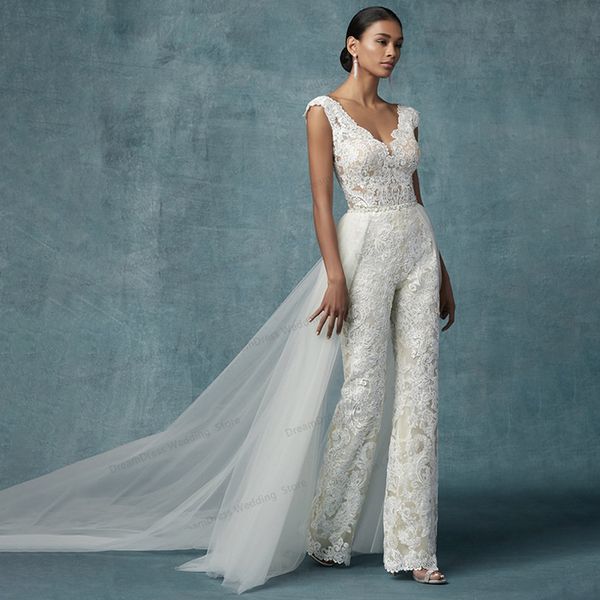 2024 mono vestido de novia con tren desmontable pantalones de novia traje de encaje apliques sin mangas mujeres trajes nupciales sin respaldo personalizado Vestido de Noiva