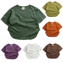 2024 Kids T-shirt d'été garçons solides filles Corée de la corée des vêtements respirants pour 2-7t Enfants en vrac Cotton Basic Tops colorés 240506