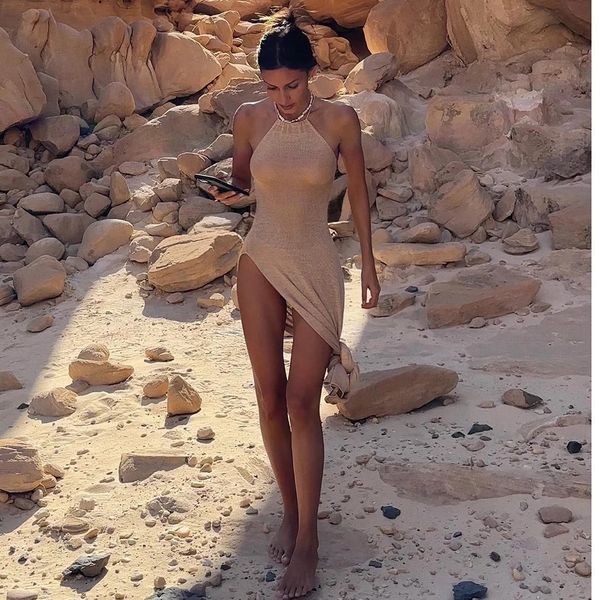 2024 Kintted Cover Up Beach Sexy Voir à travers Maxi Slit Bodycon Summer Dress Bikinis CoverUps Elegant Halter Beachdress 240513