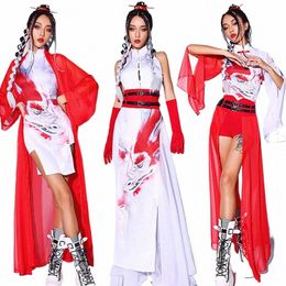 2024 Kpop Jazzdans Kleding Vrouwen Chinese Stijl Wit Pak Nachtclub Gogo Dacer Prestaties Outfits Bar Dj Kleding Rave l12239 67rx #