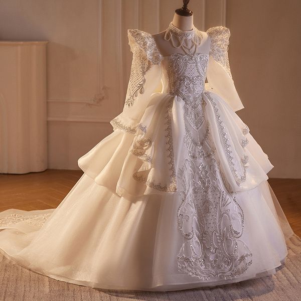 2024 en dentelle blanche manches longues fleuris fille arcant les enfants première robe de communion sainte