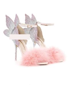 2024 dames echte lederen sandalen hoge hak veer rose massief vlinder ornamenten sophia webster trouwfeest schoenen kleurrijke lovertjes doek maat 34-42