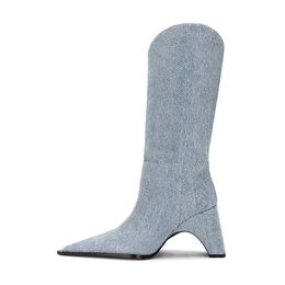 2024 Lady Leather Sheepskin Martin Boots Speciaal gevormde dikke Med Heels Knight Women Knie-High Booties Pillage Tenen Long Knie Jean Denim Trouwschoenen Siz 34-44