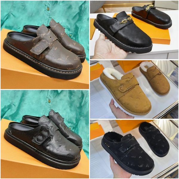 2024 Dernier designer confortable Reft Flat Slipper Calfskin Easy Mules Clogs Letter Denim Printing Comfort Men Femmes Femmes Plateforme Easy Sandale Chaussure duveteuse Chaussures