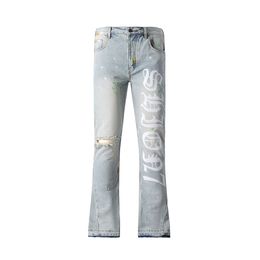 Groothandel 2024 nieuwste streetwear stacked jeans vintage blauw ontspannen spijkerbroek gescheurd op knie denim broek met handverf casual bell bodem baggy jeans