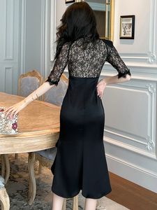 2024 Nieuwste model Basis Casual jurken Nieuwe Midi -jurk voor dames voor vrouwen Zwart Sheer Lace Splited Satin Ruffled Split Robe Femme Party Prom Vestidos