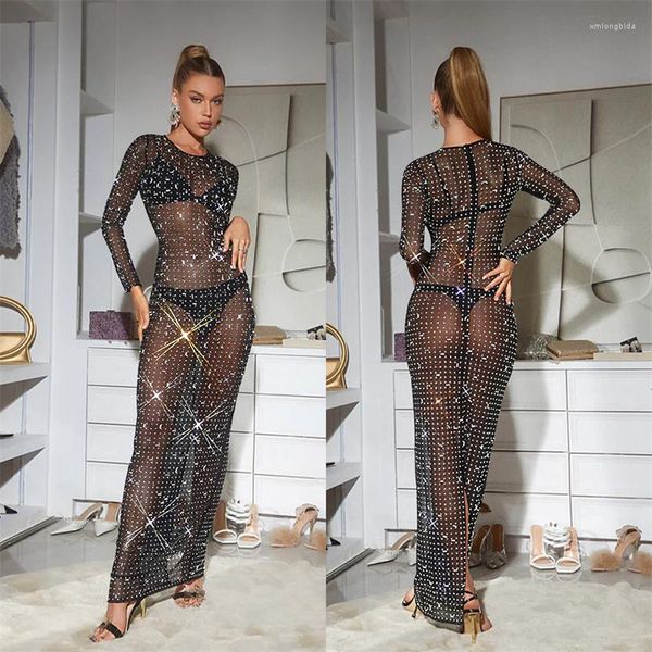 2024 Dernières modèles Robes décontractées Sparkly Crystal Rinestone Bodycon Maxi Dress Femmes Mariage de mariage Voir à travers la soirée Party Birthday