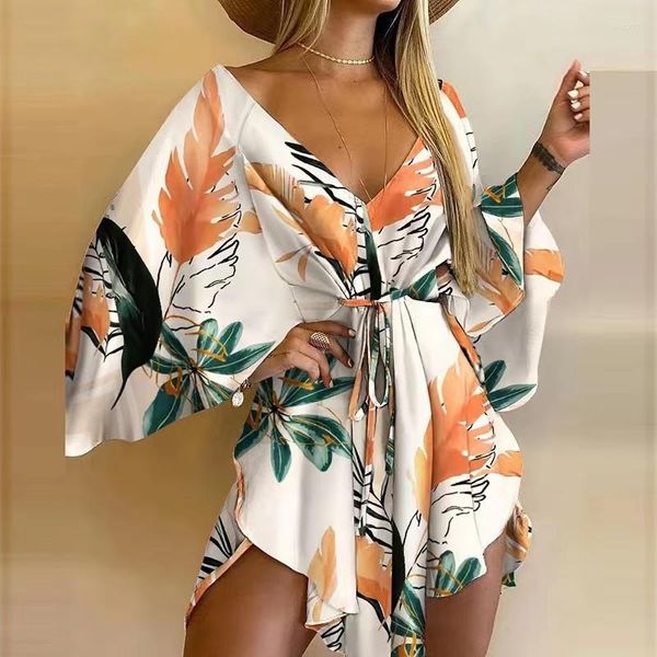 2024 Dernières modèles Robes décontractées Femmes Sexy V Neck Lace-Up Floral Print Mini Robe Fared Sleeves Ladies Party Summer Beach Elegant