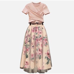 2024 Dernier modèle Floral Print Femmes T-shirt + Mesh Costumes Bowknot Vintage Two Piece Sets Elegant Womr Jirt Summer Girl Tees Tops Femme1