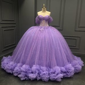 2024 Lavendel Glanzend Uit De Schouder Prinses Quinceanera Jurken Applique Tull Tiered Gown Sweet 16 Vestidos De 15 Anos