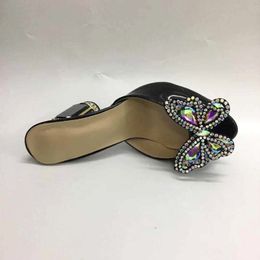 2024 Leather Real Ladies Patent Women Rhinestone High Heels Sandals Summer Flip-flops Slipper Slip-on Wedding Dress Shoes Diamond Ballots 3D Bow Tie Black 54 c