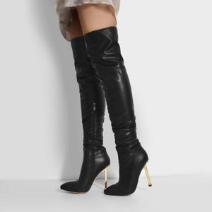2024 Femmes en cuir Martin Boots Pildage Toe Gold High Heels Knight High-High Boots Bottises à hauteur du genou