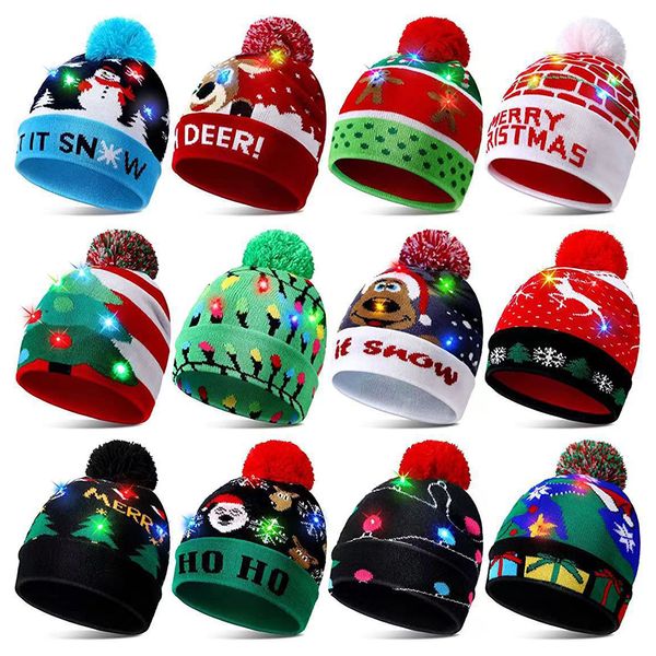 Bonnet de Noël lumineux à LED 2024 - Pull de neige d'hiver - Bonnet tricoté avec lumières - Chapeaux chauds pour enfants et adultes - Fournitures de fête de Noël pour le Nouvel An