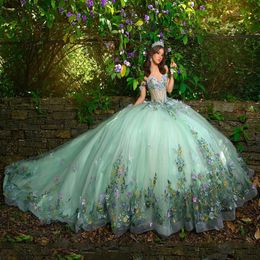 2024 Lichtgroen Quinceanera Jurk Baljurk 3D Vlinder Applique Kralen Tull Corset Sweet 16 Vestido De 15 Anos