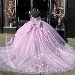 2024 Lila rebordear vestido de bola hinchado elegante princesa apliques de encaje lentejuelas vestidos de quinceañera de lujo fuera del hombro vestidos de fiesta de cumpleaños