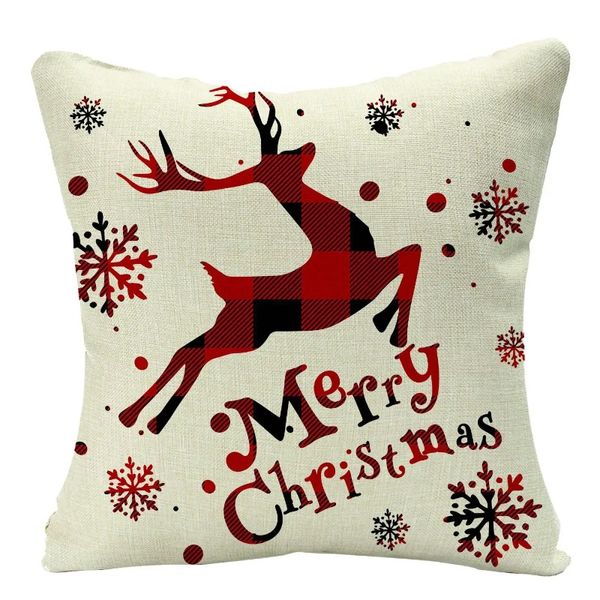 2024 Funda de cojines navideños a cuadros escoceses rojos de lino con estampado de copos de nieve y árboles de renos, almohadas decorativas navideñas para sofá cama
