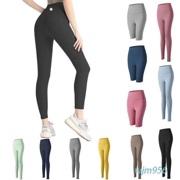 2024 LL Lycra Tissu Couleur unie Femmes Lu Pantalon de yoga Taille haute Sports Gym Wear Leggings Élastique Fitness Lady Pantalons de sports de plein air