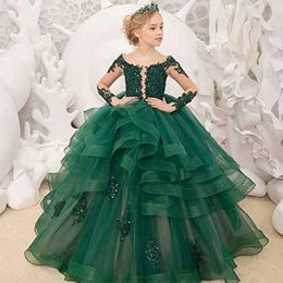 2024 Vestidos de niña de manga larga V Cuello Princesa Reina Reina Comunión Tulle Tulle Niños pequeños Primer cumpleaños Hija y Vestidos Madre Matrimonio Vestidos de matrimonio