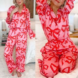 2024 pyjama's met lange mouwen tweedelige set Red Bow Printing Turtle kraag set Casual Loose Two -Piece Set for Women Pyjamas 240510