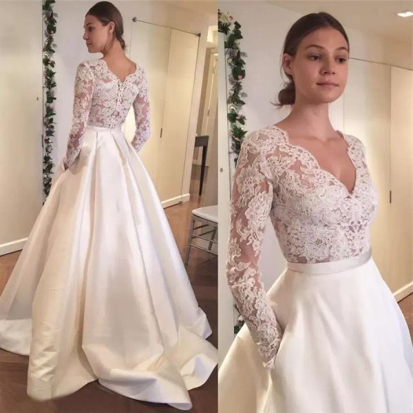 2024 Robes de mariée à manches longues Robe nuptiale en dentelle en satin applique perle fiqueauté V décolle