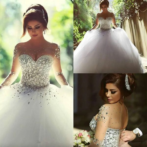 2024 Vestidos de novia de manga larga con diamantes de imitación Vestido de fiesta sin espalda Vestido de novia Cystal Vestidos de novia de lujo Vestidos de quinceañera de primavera