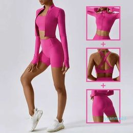 2024 Lu Align Lu Traje de yoga Conjunto de pantalones cortos de 3 piezas para mujer Pantalones de cintura alta Chaqueta con sujetador deportivo Traje de fitness Ropa ajustada a prueba de golpes Lemon Workout Gry LL