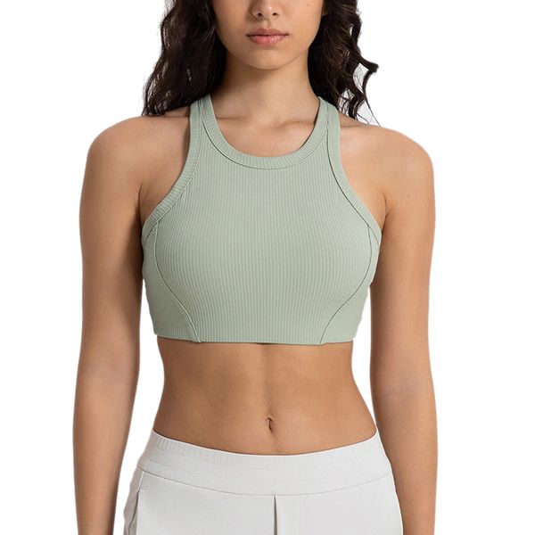 2024 Lu Lu Bra para yoga Mujer Racerback Sports Bra Yoga Outfit Top de entrenamiento recortado con almohadilla Impacto Running Gear Tejido acanalado Sujetador deportivo para mujer