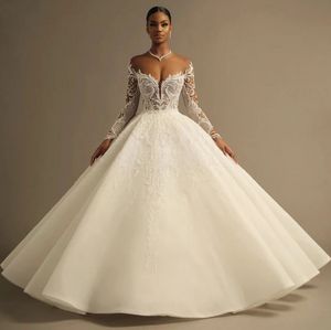 2024 Luxe baljurk trouwjurk illusie nek kralen lange mouwen borduurwerk kanten Afrikaanse bruid formele jurken gewaad mariage vestidos de novia