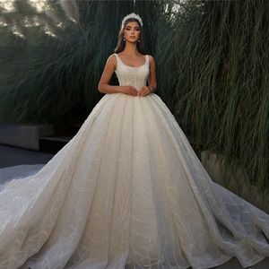 2024 Luxe ball jurk trouwjurk vierkante nek spaghetti riem beading sequine bruid formele jurken gewaad muurvestidos de novia arabic dubai