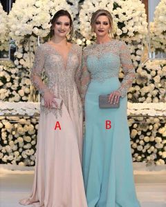 2024 Luxe Bead Crystal Pailletten Moeder van de Bruid Jurken Lange Mouwen V-hals Roze Plus Size Formele Party Prom jassen