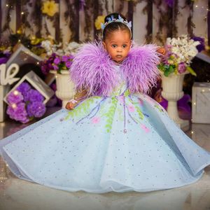 2024 Luxe bloemenmeisje jurken gevederde kralen bloemengirl jurk meisjes verjaardagsfeestje jurk Queen Princess jurken voor Afrikaanse zwarte kleine meisjes F121