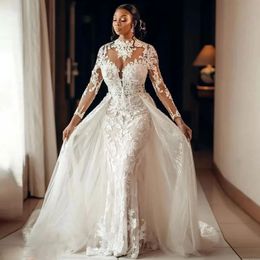 2024 Robes de mariée de sirène luxueuses à col haut Robes de mariée Illusion Overskirts Train détachable Manches longues Plus Taille Robe de queue de poisson africaine nigériane de Mariee